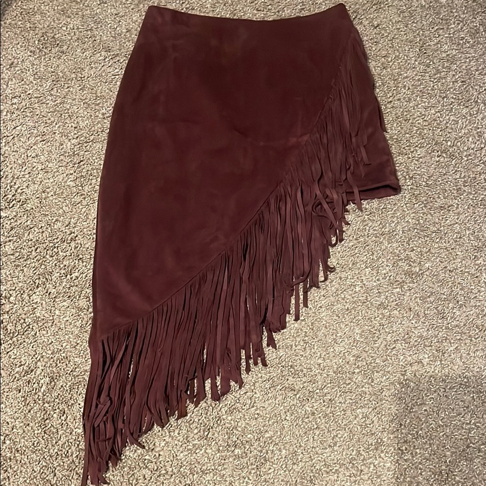 Asymmetrical Suede Fringe Skirt in Brown